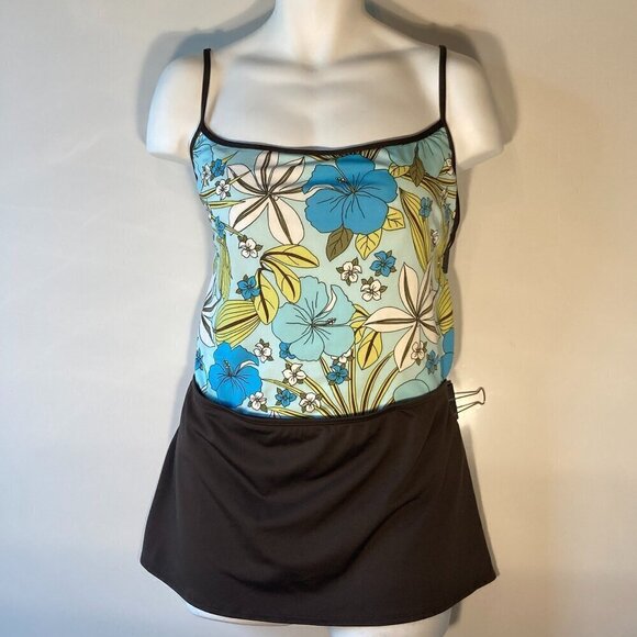 Merona SZ XXL Blue Tropical 1Pc. Tank Swimsuit &  Brown Swim Skirt Beach Resort - Picture 2 of 9